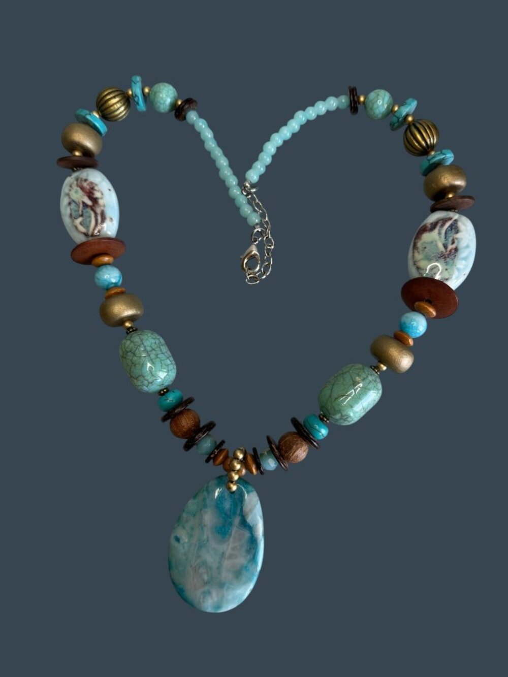 Boho Turquoise Chunky Necklace Stone Pendant Ceramic Bead Adjustable 26in - Picture 2 of 10